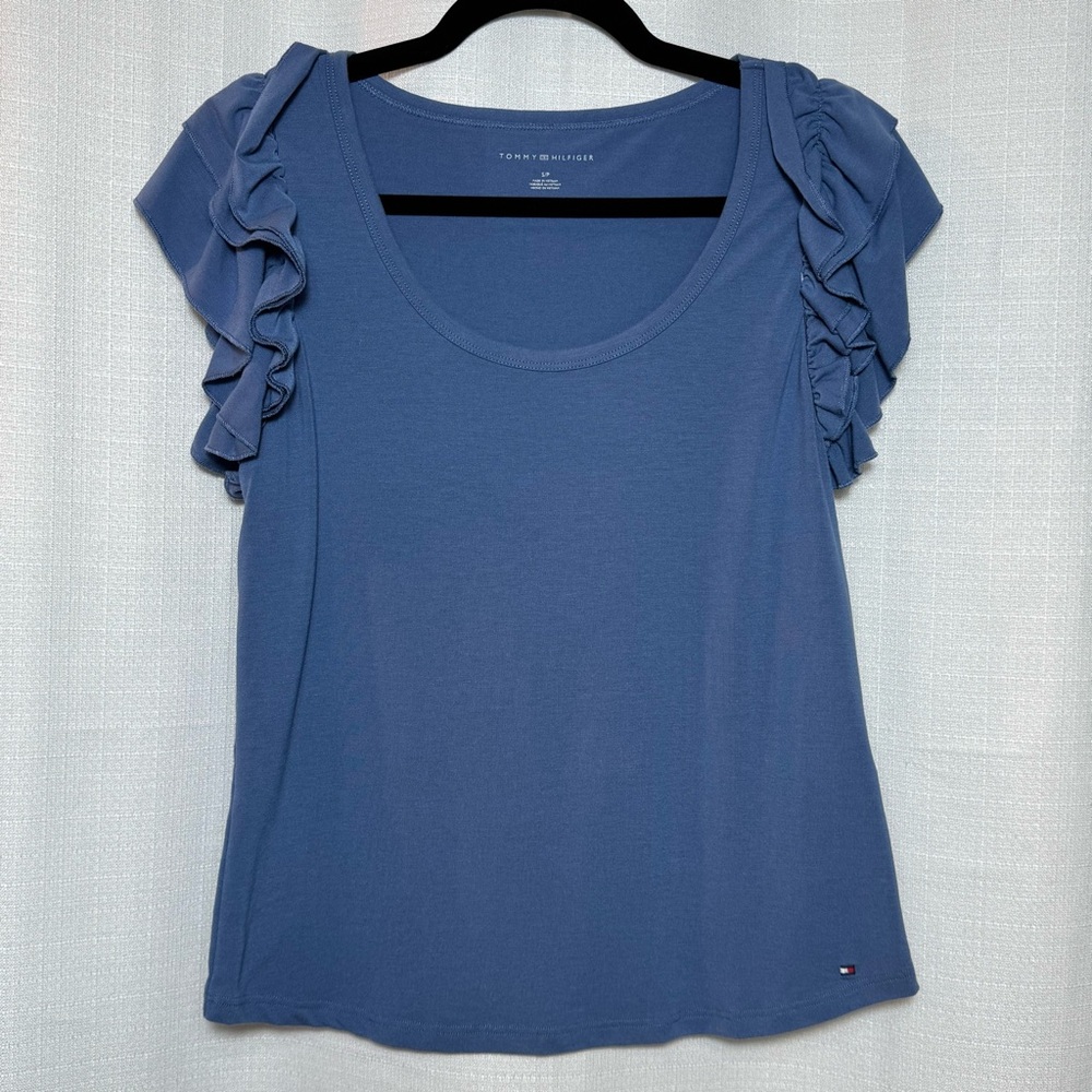 Tommy Hilfiger Ruffle Sleeve Tank Top Blue Scoop Neck Preppy Coastal Size Small
